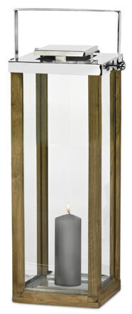 Hochwertige Laterne „Miami“ aus Holz und Edelstahl glänzend vernickelt - Höhe 60 cm
