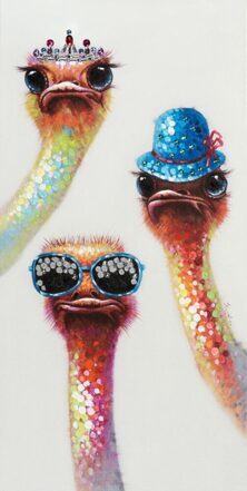 Hand painted art print "Confused ostriches" with glitter stones 60 x 120 cm