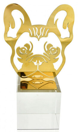 Design-Objekt „Bulldogge“ aus Edelstahl mit Kristallsockel 28 x 15 cm