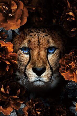 Glasbild „Leopard in Blumen“ 80 x 120 cm