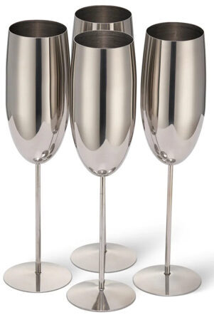 4-er Set bruchsichere Champagnergläser „Steel Silver Glossy“ aus Edelstahl, 285 ml