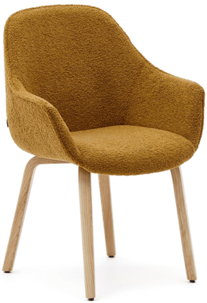 High-quality "Alexej" dining chair with armrests - mustard yellow bouclé/natural