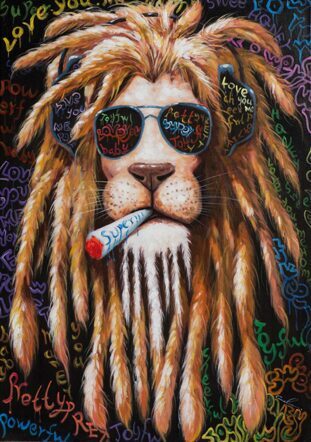 Hand painted art print "Smoking Lion" 70 x 100 cm