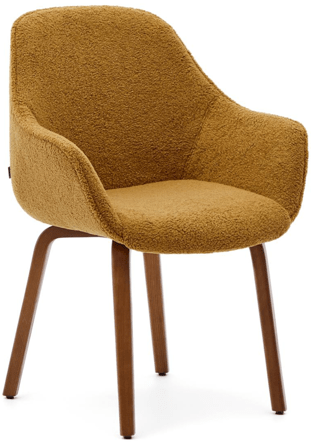 High-quality "Alexej" dining chair with armrests - mustard yellow bouclé/walnut