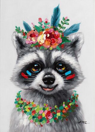 Impression d'art peinte à la main "raton laveur avec décoration florale" 50 x 70 cm