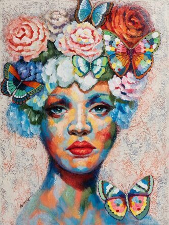Handbemalter Kunstdruck „Beauty with Butterfly“ 90 x 120 cm