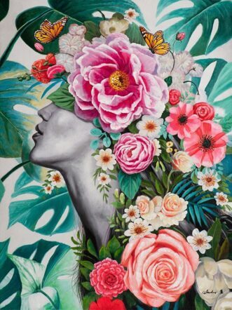 Handbemalter Kunstdruck „Schönheit mit Blumen“ 90 x 120 cm