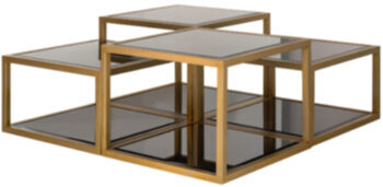 4-piece design coffee table set "Loua" made of stainless steel with safety glass