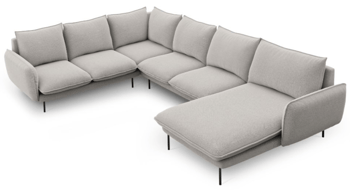 Large design U-sofa "Emilia" - textured fabric light gray