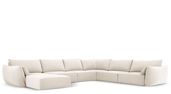 Grand canapé panoramique design 8 places "Vanda" avec grand côté à droite - revêtement velours
