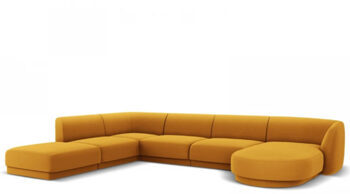Grosses Design Panorama U-Sofa „Miley“ - mit Samtbezug Senfgelb