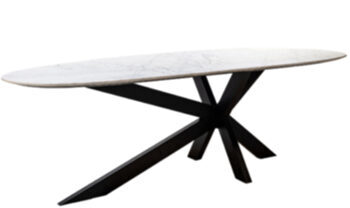 Asymmetrical design table "Trocadero" with white marble table top, 220 x 100 cm