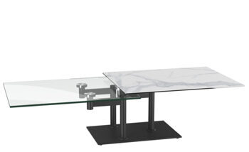 Extendable, flexible design ceramic coffee table "Opera" marble look light / black, 90-150 x 60 cm
