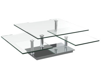 Ausziehbarer, flexibler Design Couchtisch „Square“ Glas/Edelstahl, 80-118 x 80 cm