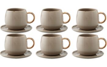 Espresso cup with saucer "Clara" with gold rim (6 pieces) - Taupe/Gold