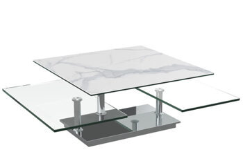 Extendable, flexible design ceramic coffee table "Square" marble look light / stainless steel, 80-118 x 80 cm
