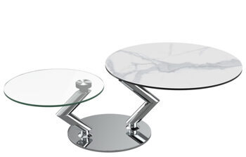 Extendable, flexible design ceramic coffee table "Omega" marble look light / stainless steel, 105-139 x 80 cm
