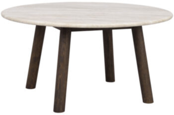 Table basse ronde design "Taransay" Ø 90 cm, travertin / chêne brun foncé