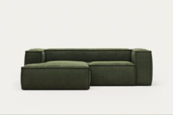 canapé d'angle 2,5 places en velours côtelé "Klocks" avec chaise longue - Vert foncé