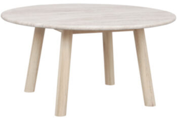 Table basse ronde design "Taransay" Ø 90 cm, travertin / chêne whitewash