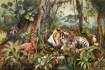 Glass picture "Flamingo meets tiger" 100 x 150 cm