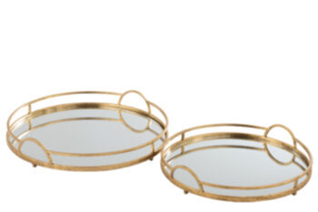2-piece tray set mirrored with gold frame iron