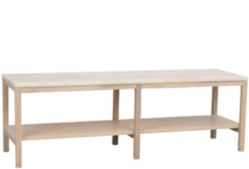 Grande table console design "Orwel" 140 x 45 cm, travertin / chêne whitewash