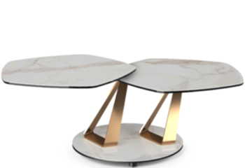 Ausziehbarer Designer Couchtisch „Basalto“ mit rotierenden Tischplatten - Calacatta /Gold