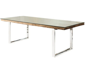 Solid dining table "SHARK" 240 x 100 cm - stainless steel, recycled teak incl. glass top