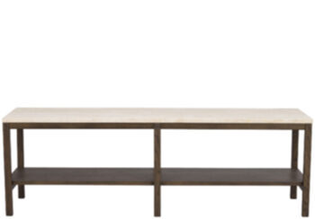 Grande table console design "Orwel" 140 x 45 cm, travertin / chêne brun foncé