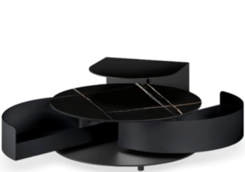 Ausziehbarer, runder Designer Couchtisch „Theta Shelf“ - Black Desire/ Schwarz matt