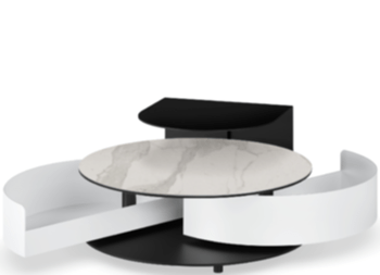 Ausziehbarer, runder Designer Couchtisch „Theta Shelf“ - Statuario/Schwarz matt