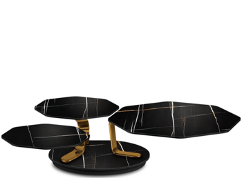 Ausziehbarer Designer Couchtisch „Batis“ mit rotierenden Tischplatten - Sahara Noir / Gold glänzend