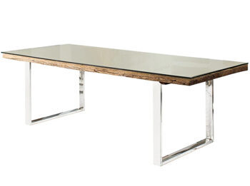 Solid dining table "SHARK" 200 x 100 cm - stainless steel, recycled teak incl glass top