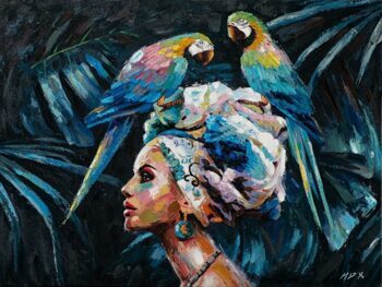 Hand painted art print "Beauty with parrot II" 90 x 120 cm