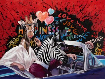 Hand painted art print "Giraffe and Zebra on Tour" 90 x 120 cm