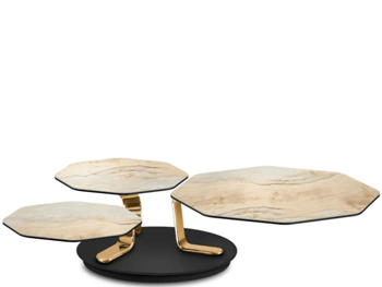 Ausziehbarer Designer Couchtisch „Batis“ mit rotierenden Tischplatten - Onice / Gold glänzend
