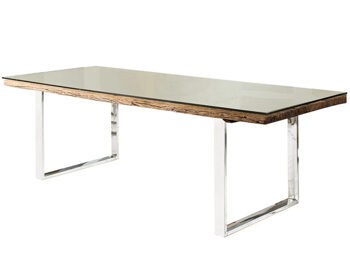 Solid dining table "SHARK" 180 x 100 cm - stainless steel, recycled teak incl. glass top