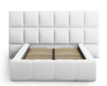 Design storage bed with headboard "Isa II textured fabric" light gray
