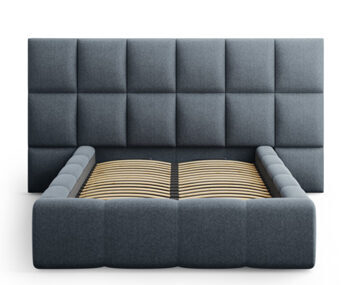 Design storage bed with headboard "Isa II textured fabric" dark blue