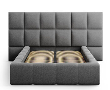 Design storage bed with headboard "Isa II textured fabric" dark gray