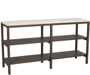 Grande table console design "Orwel" 140 x 75 cm, travertin / chêne brun foncé