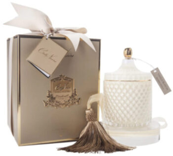 Grande bougie parfumée de luxe "Cream & Gold Art Deco" avec diffuseur de parfum pour houppette - 600 g / 100 h