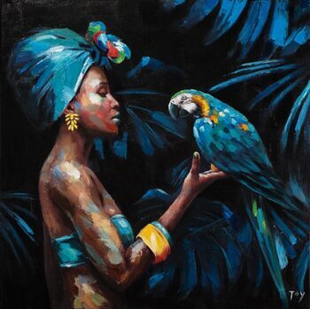 Hand painted art print "Beauty with parrot" 100 x 100 cm