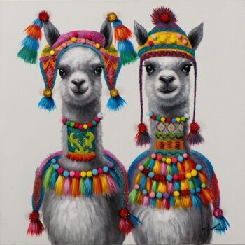 Handbemalter 3D-Kunstdruck „Inka-Lamas“ 80 x 80 cm