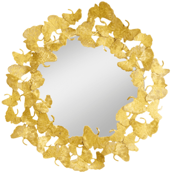 Round design wall mirror "Ginkgo Leafs" Ø 68 cm, gold