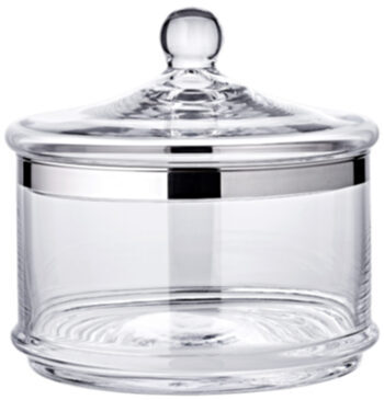 Mundgeblasener Glasbehälter „Vigo“ mit Deckel, Kristallglas mit Platinrand