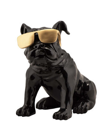 Handgefertigter Design Skulptur „Bulldogge mit goldener Sonnenbrille“ 40 x 23 cm