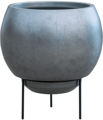 Blumentopf „Metallic Silver Leaf Globe Elevated“ mit Standfuss Ø 34 cm - Ice Blue Matt