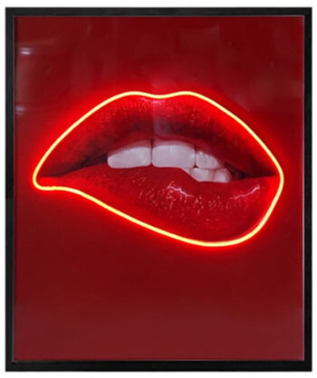 LED mural "Lips" with wooden frame and LED light, 84.5 x 73 cm